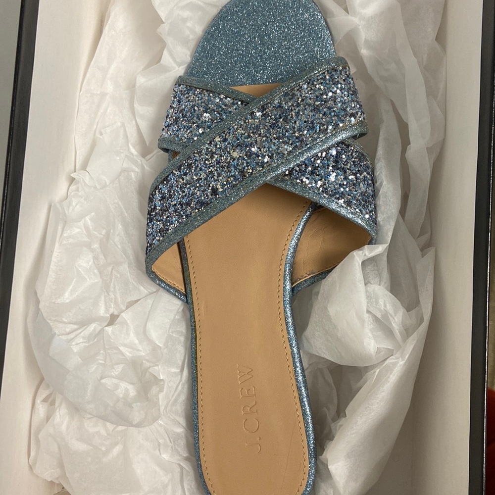 NWOT J. CREW Glitter Cora Crisscross Sandals Ocean Blue Glitter Size Size 8
